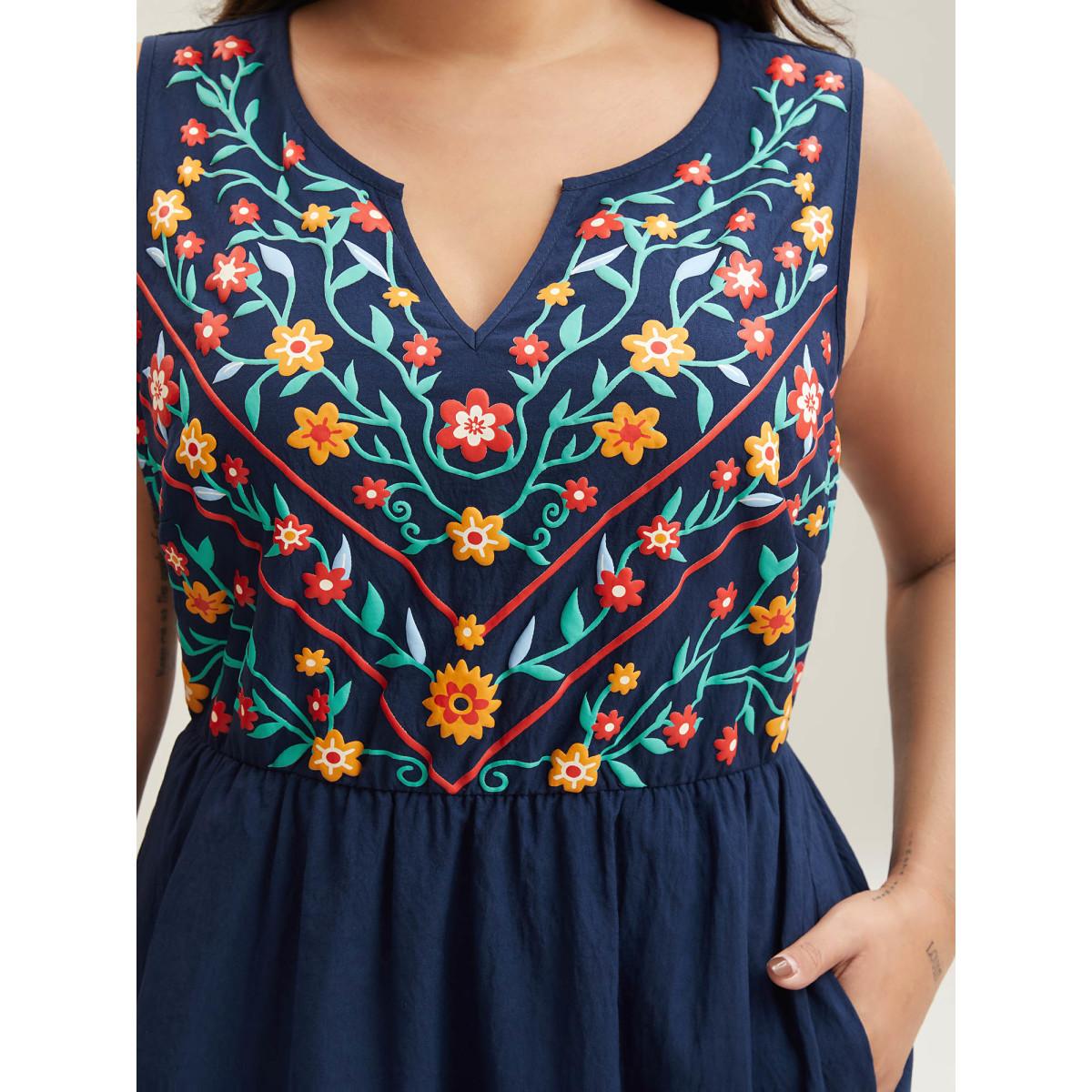 Plus Size Imitation Embroidery Woven Sleeveless Midi Dress Navy Women Boho Asymmetrical Neck Sleeveless Curvy BloomChic 12/L Product Image
