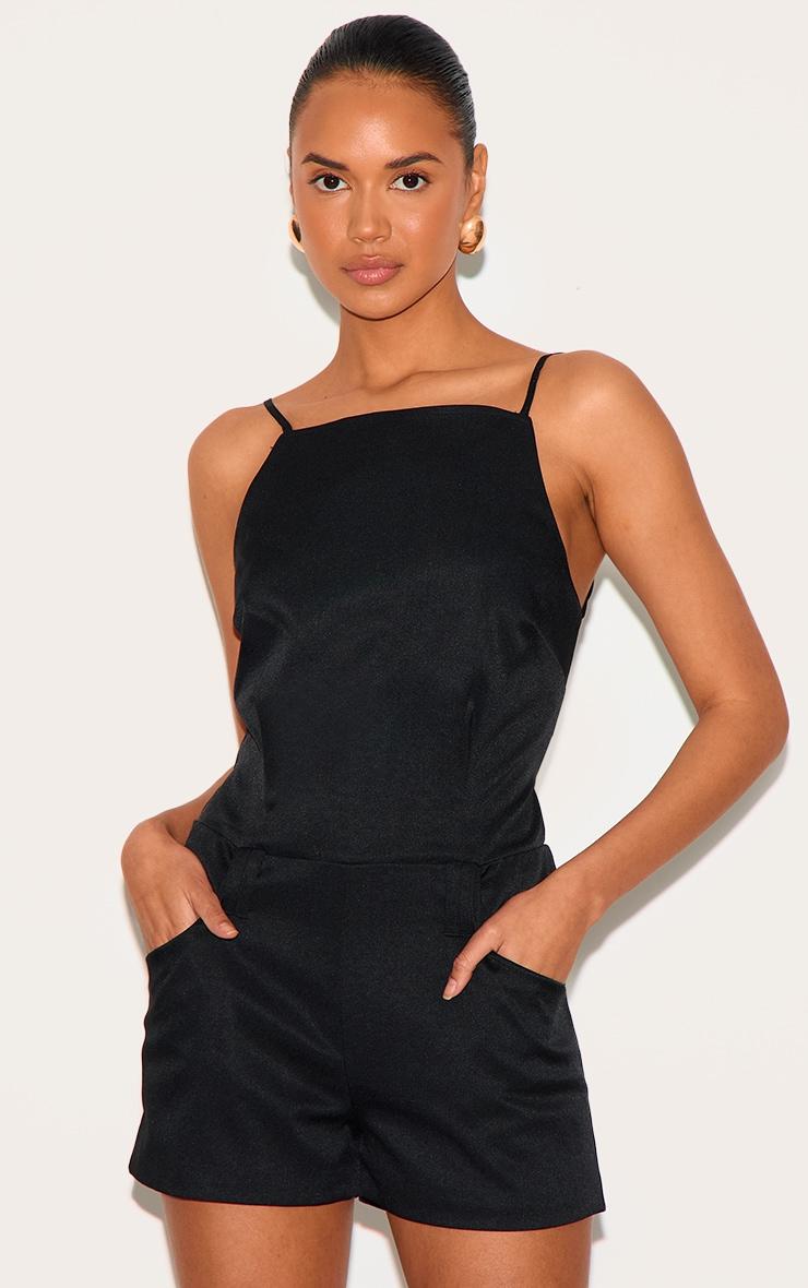  Black Tailored Backless Boat Neck Romper Product Image