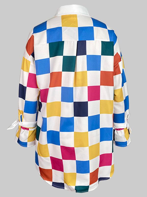 Long Sleeves Loose Buttoned Contrast Color Plaid Tied Stand Collar Blouses&Shirts Tops Product Image