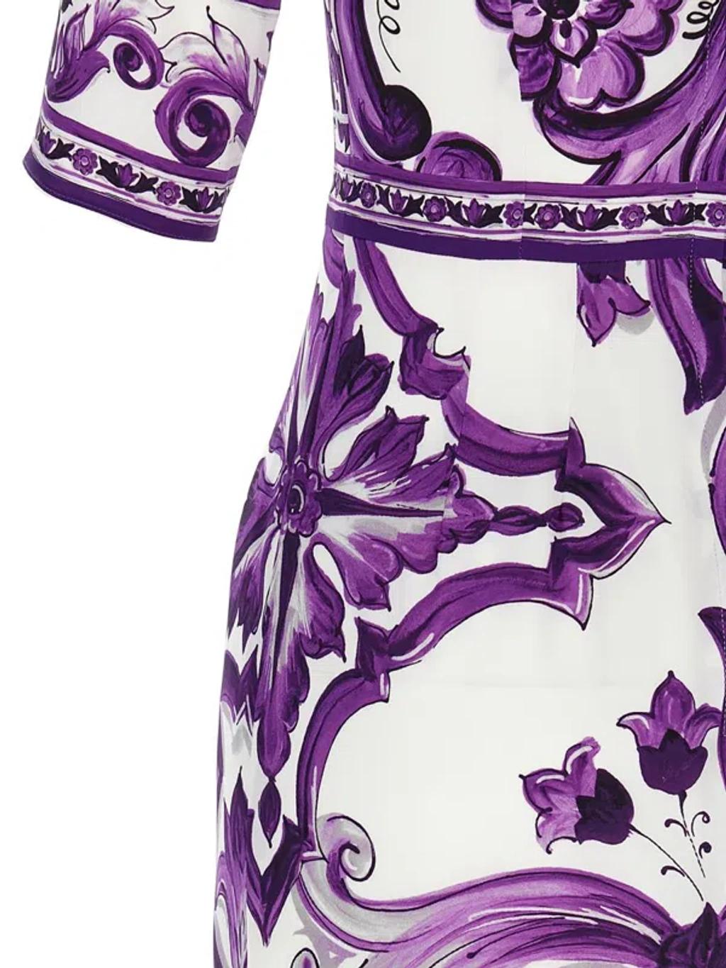 DOLCE & GABBANA Violet Crewneck Dress With Rear Zip Closure And All-over Floral Print In Silk Stretch Woman In Purple Product Image