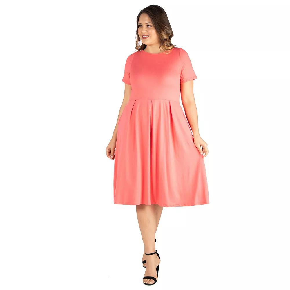 Plus Size 24seven Comfort Apparel Short Sleeve Midi Skater Dress With Pockets, Women's, Size: 3XL, Pink Product Image
