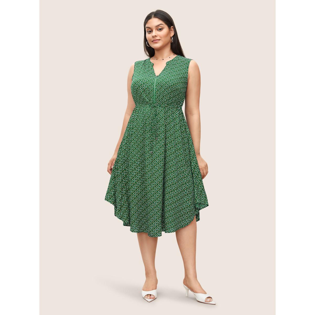 Plus Size Geometric Half Zip Drawstring Arc Hem Dress Teal Women At the Office Drawstring Flat collar with V-notch Sleeveless Curvy BloomChic 30/6X Product Image