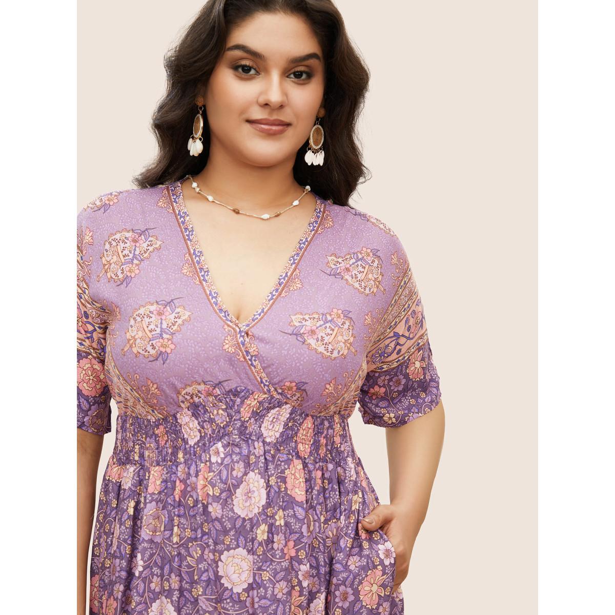 Plus Size Floral Dolman Sleeve Ruffles Shirred Split Hem Dress Mauve Women Resort Non V-neck Short sleeve Curvy Midi Dress BloomChic 26/4X Product Image