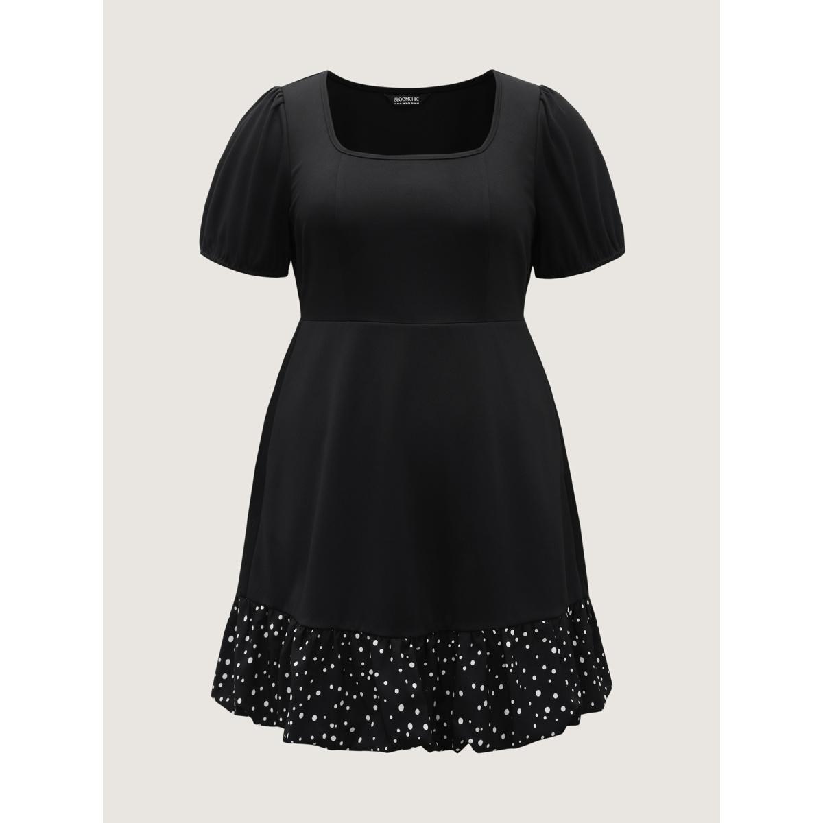 Plus Size Stretchy Bubble Hem Polka Dots Midi Dress Black Women Square Neck Short sleeve Curvy BloomChic 12/L Product Image