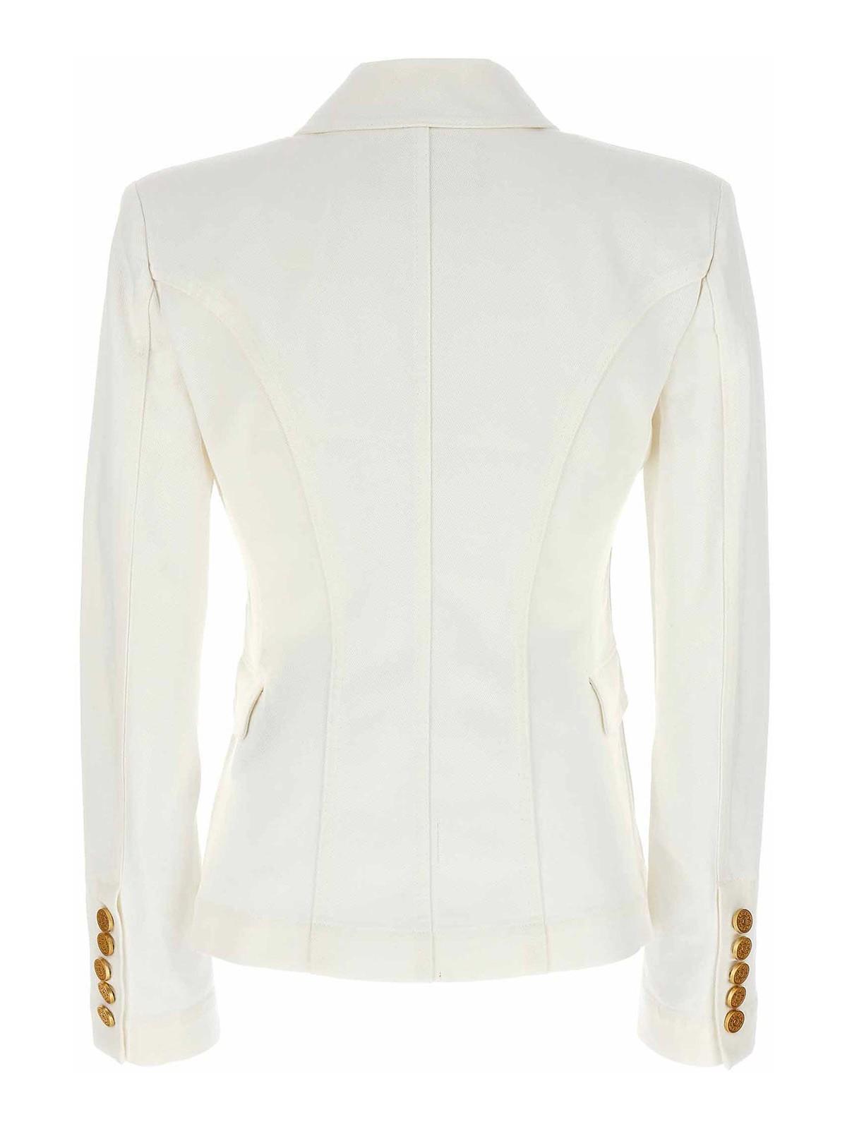 BALMAIN Double-breasted Structured Denim Blazer With Peak Lapel In White Product Image