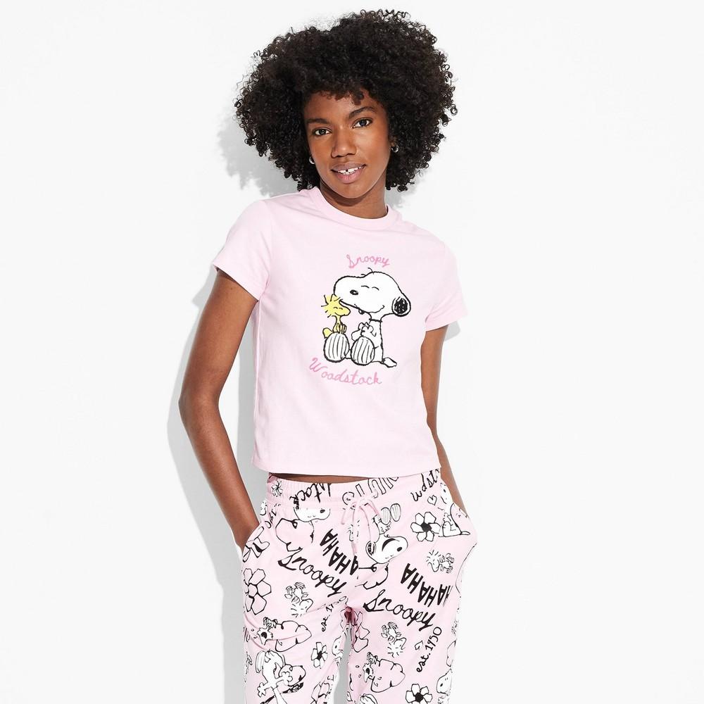 Women's Peanuts Snoopy Short Sleeve Graphic Baby T-Shirt - Pink 2X: Cotton Spandex Jersey, Product Image