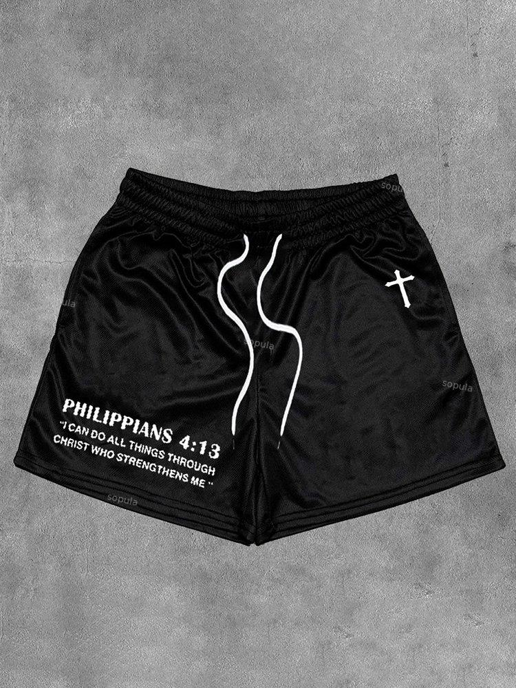 Sopula Vintage Philippians 4 13 Graphic Casual Street Mesh Shorts Product Image
