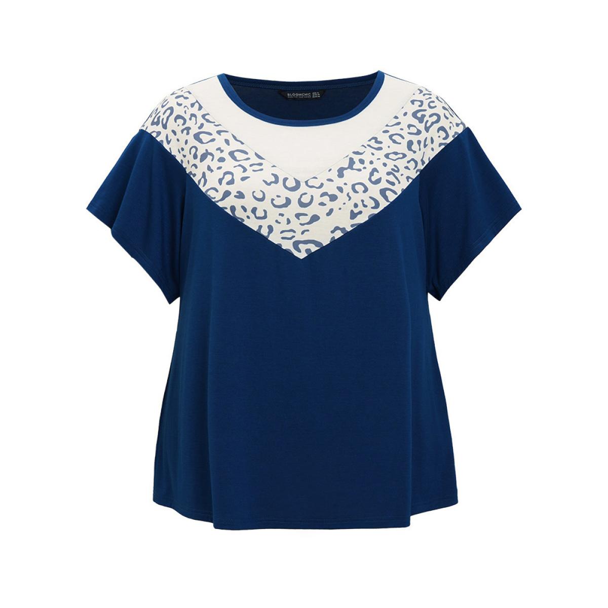 Plus Size Leopard Contrast Batwing Sleeve Patchwork T-shirt Indigo Women Casual Contrast Colorblock Round Neck Dailywear T-shirts BloomChic 30/6X Product Image