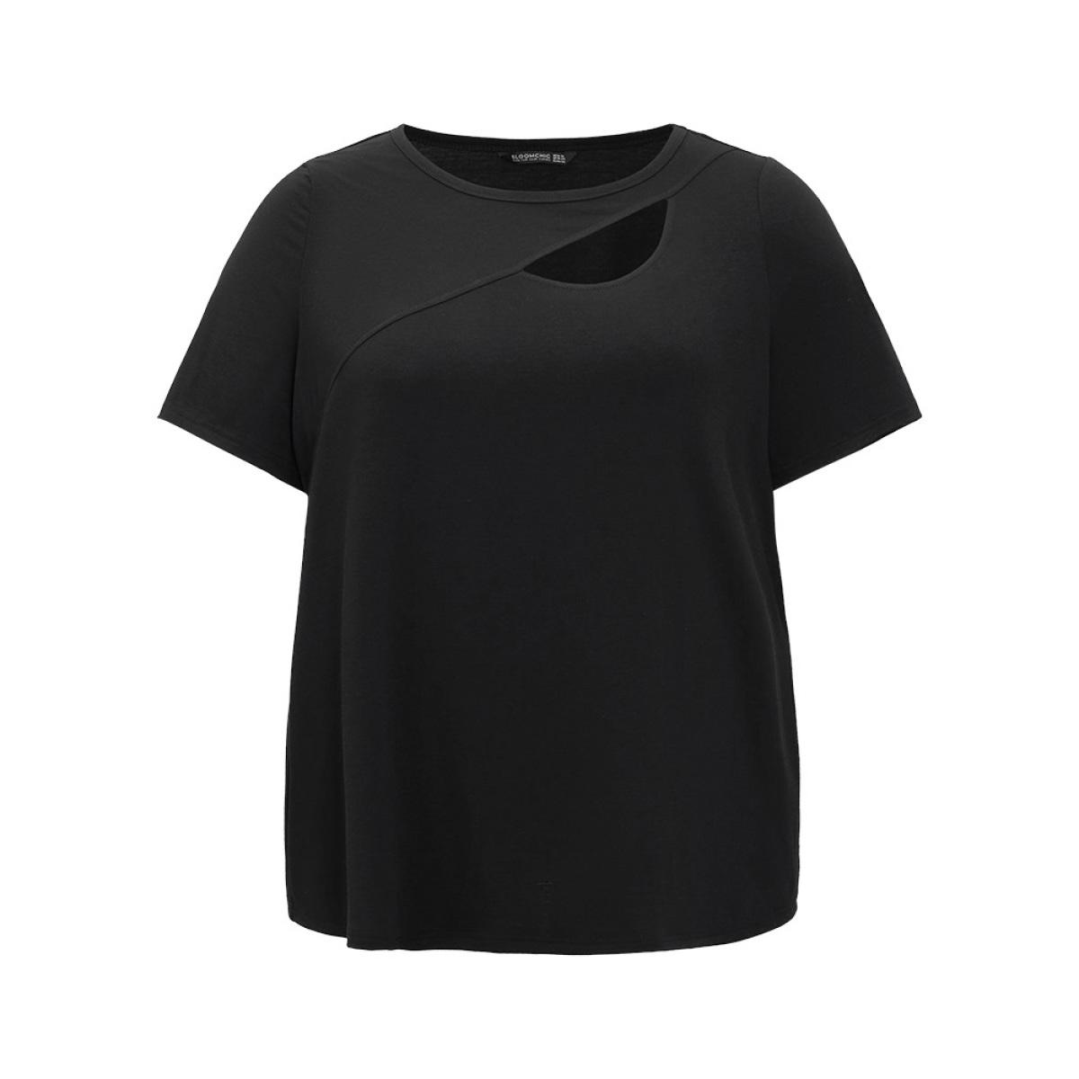 Plus Size Solid Cut Out Crew Neck T-shirt Black Women Elegant Cut-Out Plain Round Neck Dailywear T-shirts BloomChic 18-20/2X Product Image