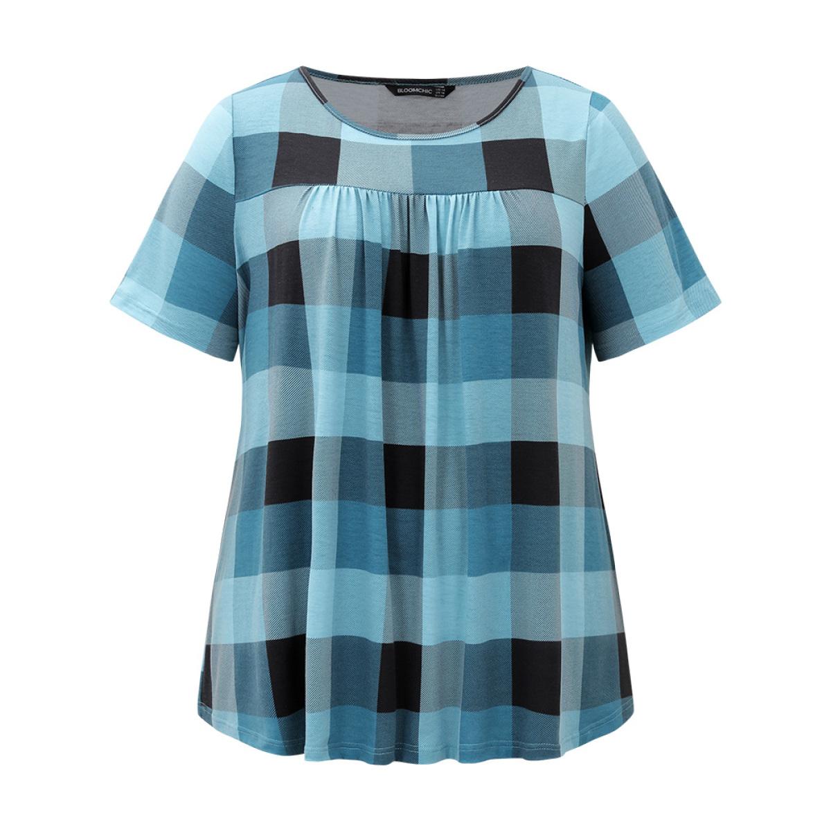 Plus Size Plaid Round Neck Gathered T-shirt Blue Women Casual Gathered Plaid Round Neck Everyday T-shirts BloomChic 12/L Product Image