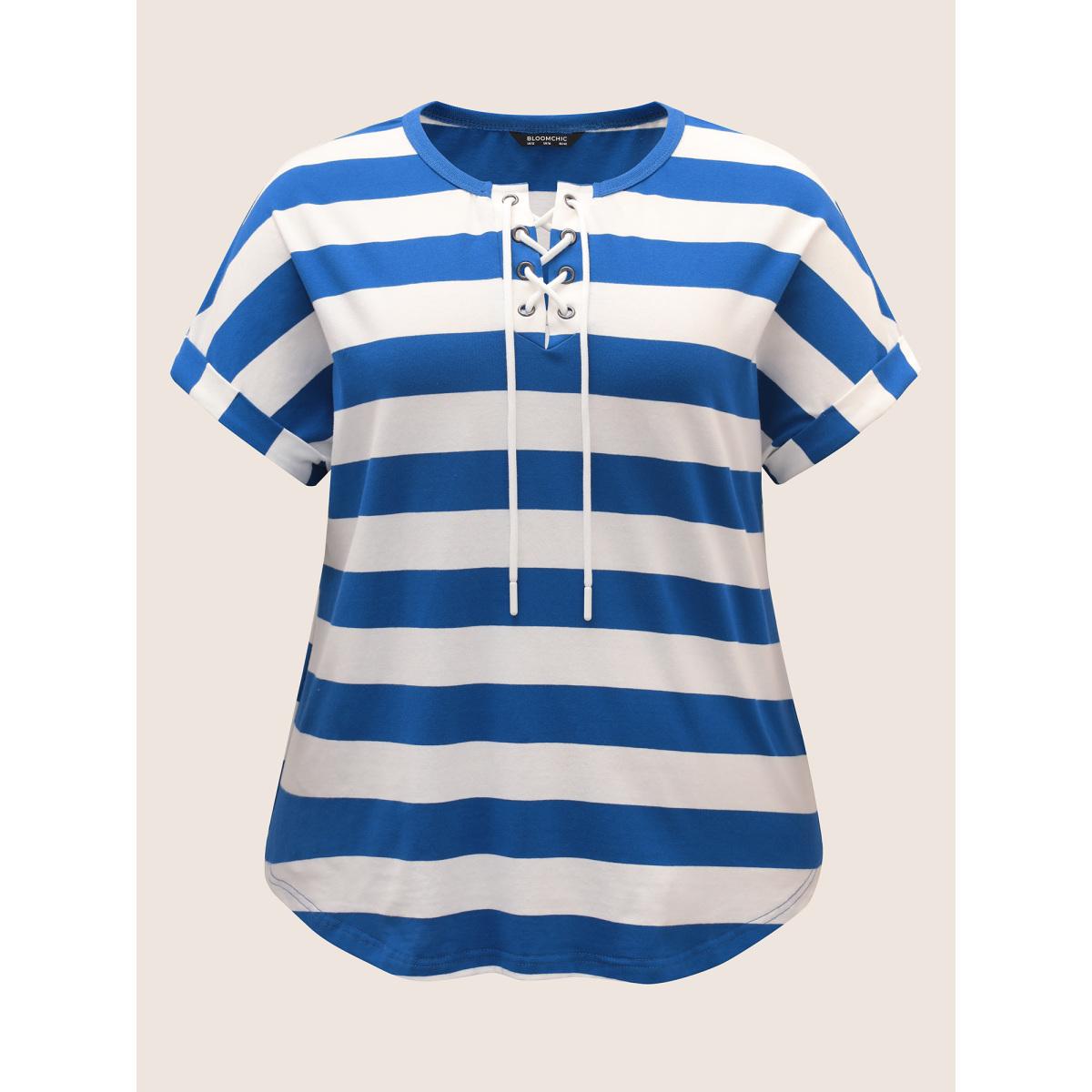 Plus Size Striped Lace Up Arc Hem Batwing Sleeve T-shirt Mediumblue Women Casual Eyelet Round Neck Everyday T-shirts BloomChic 12/L Product Image