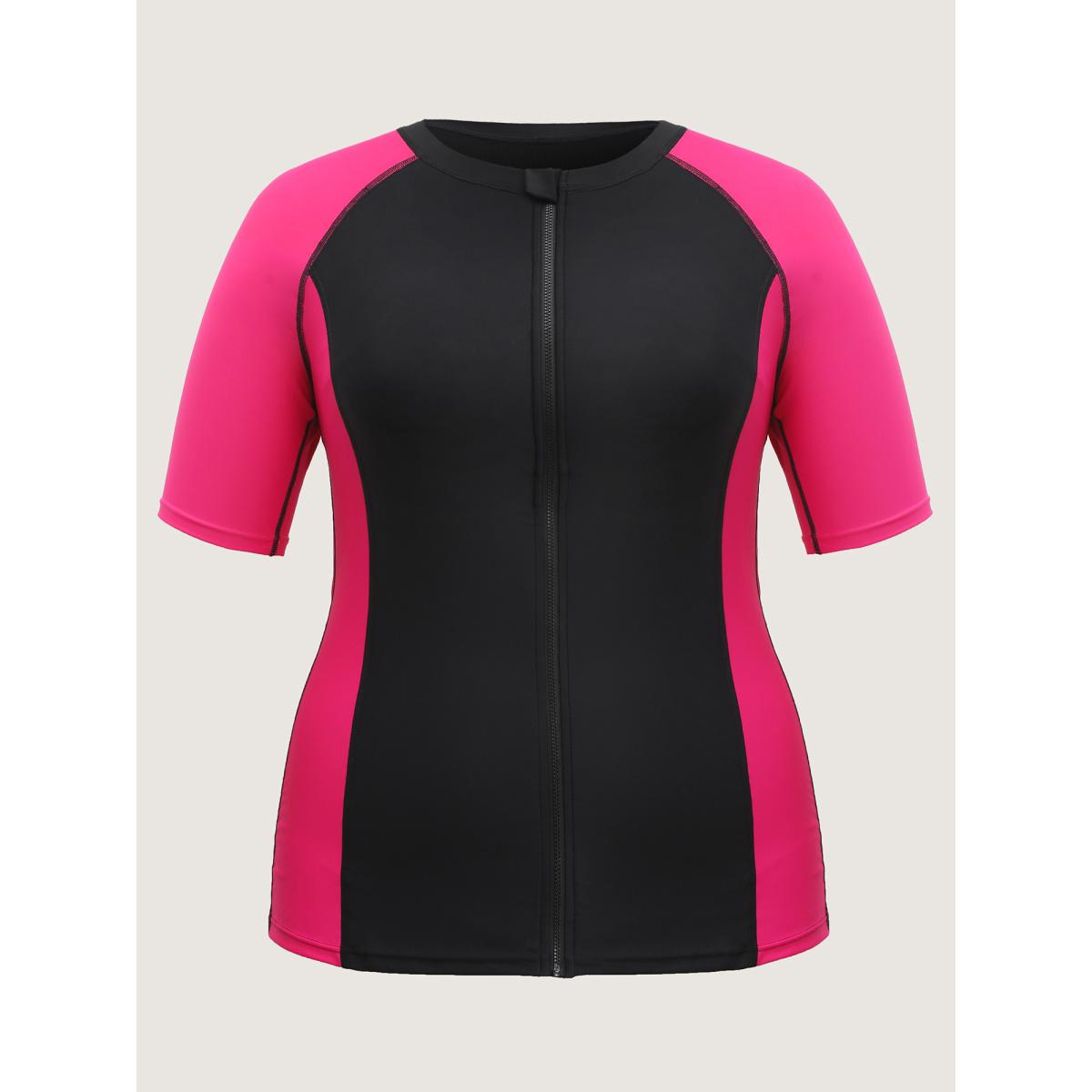 Plus Size Color Block Zip Sculpted Swim Top Women's Swimwear Rosered Resort Contrast High stretch Skinny Round Neck Curve Swim Tops BloomChic 12/L Product Image