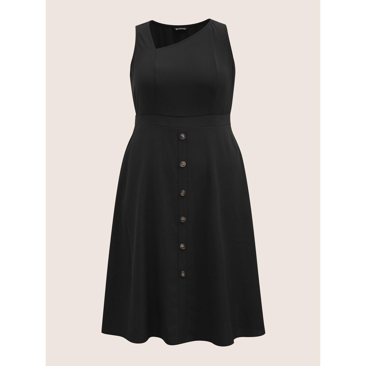 Plus Size Asymmetrical Neck Button Detail Midi Dress Black Women At the Office Non Asymmetrical Neck Sleeveless Curvy Midi Dress BloomChic 26/4X Product Image