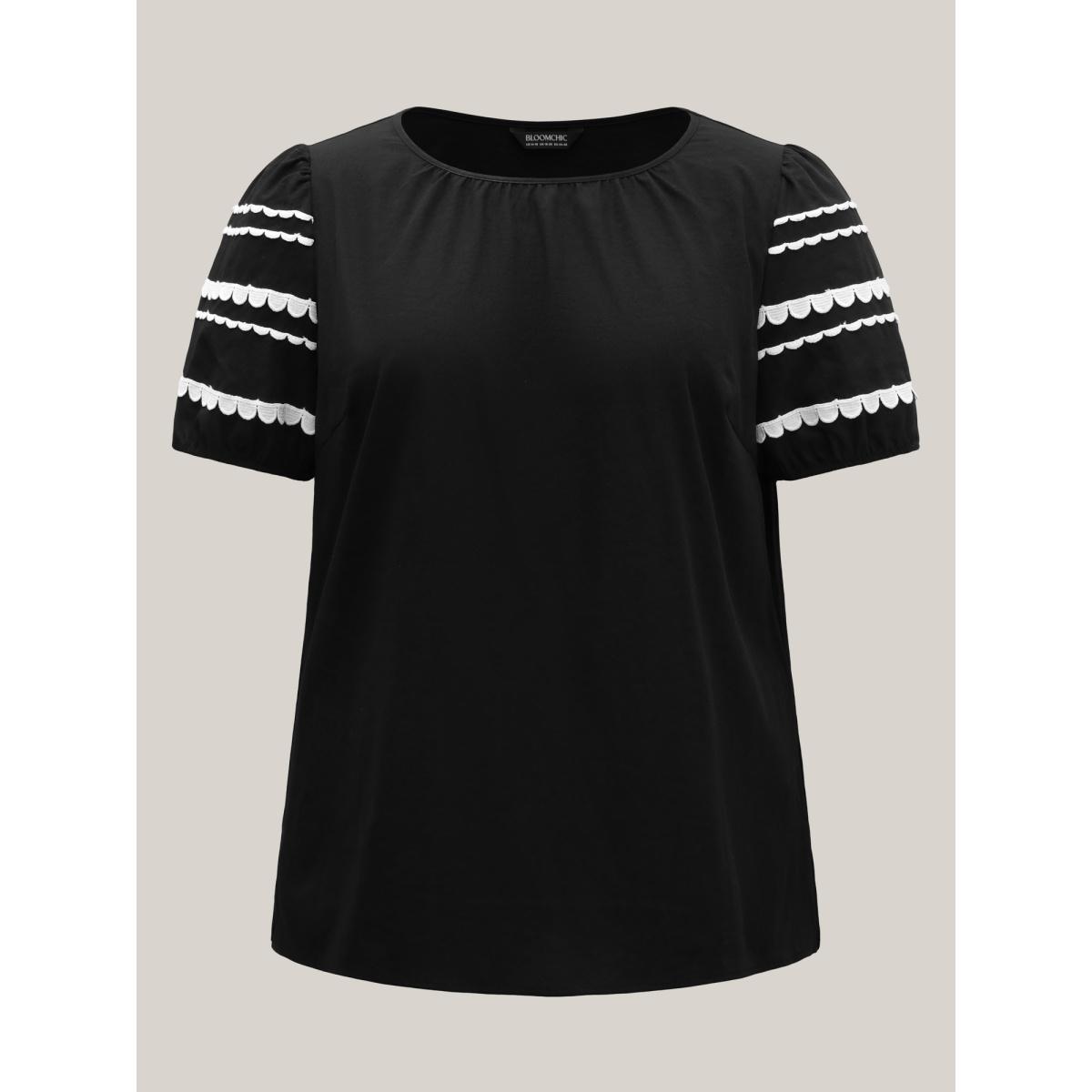 Plus Size Black Color Contrast Sleeve Relaxed Blouse Women Short sleeve Round Neck Work Blouses BloomChic 14-16/1X Product Image