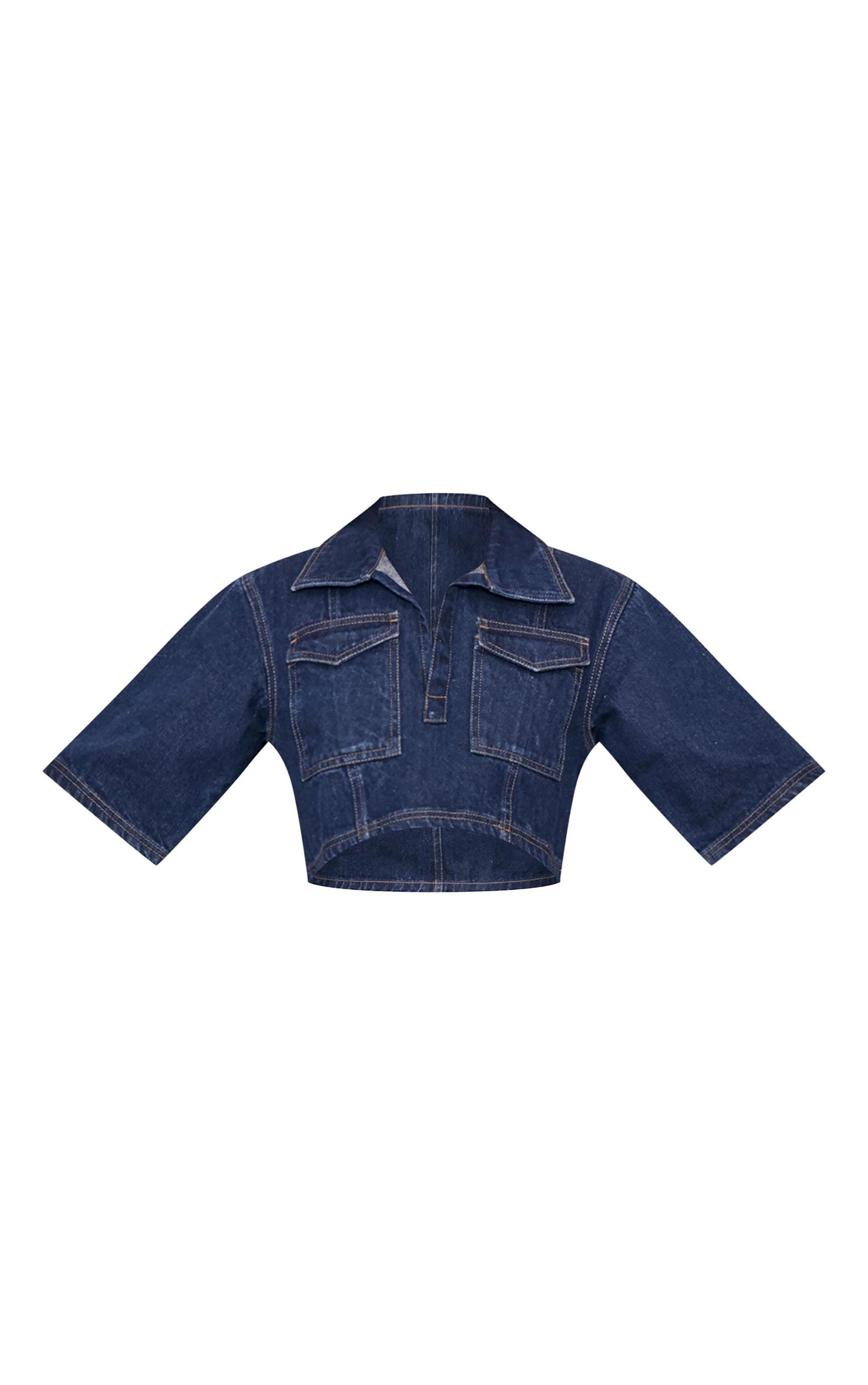 Indigo Contrast Stitch Cropped Denim Shirt Product Image