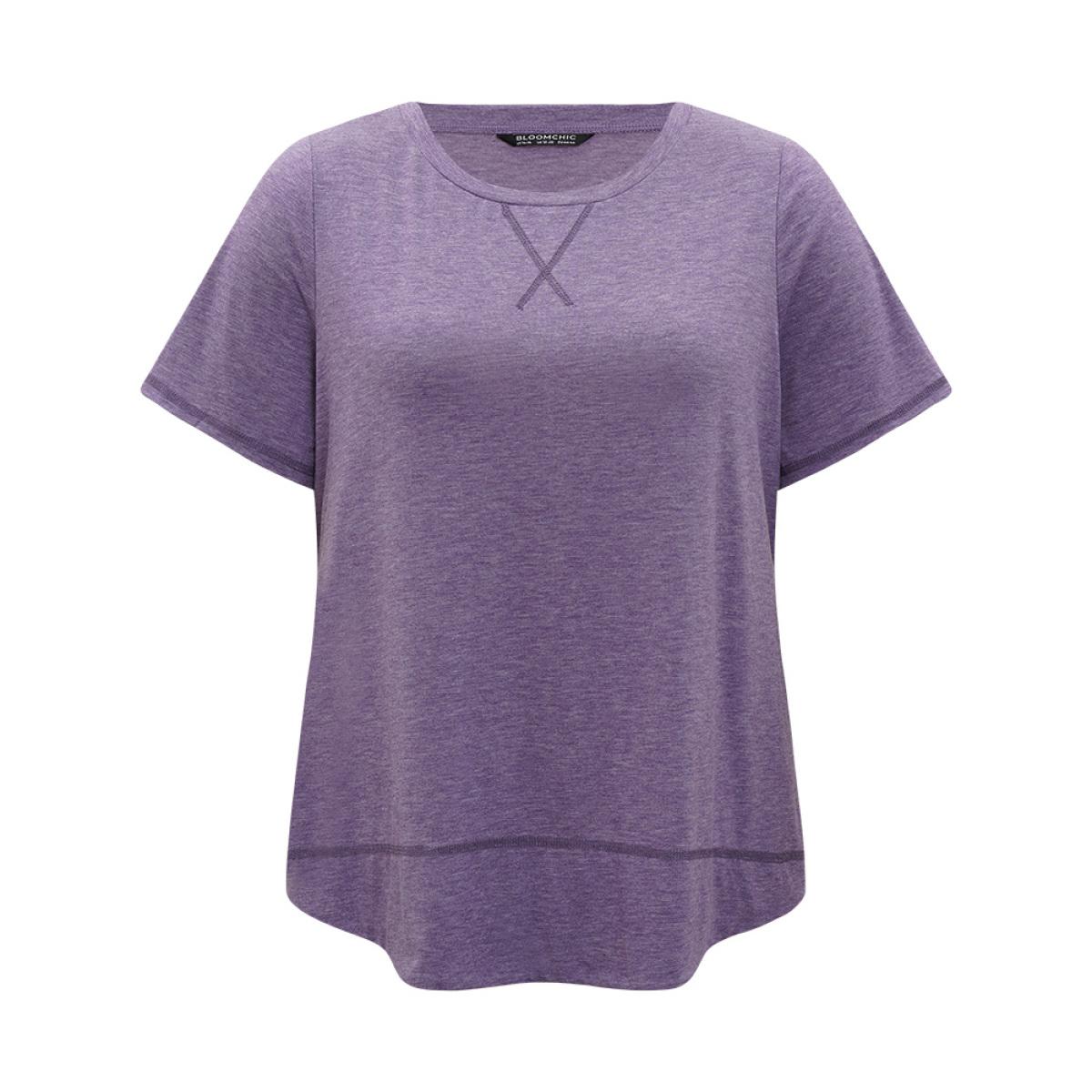 Plus Size Contrast Stitch Round Neck Curved Hem T-shirt Purple Women Casual Plain Plain Round Neck Dailywear T-shirts BloomChic 28/5X Product Image