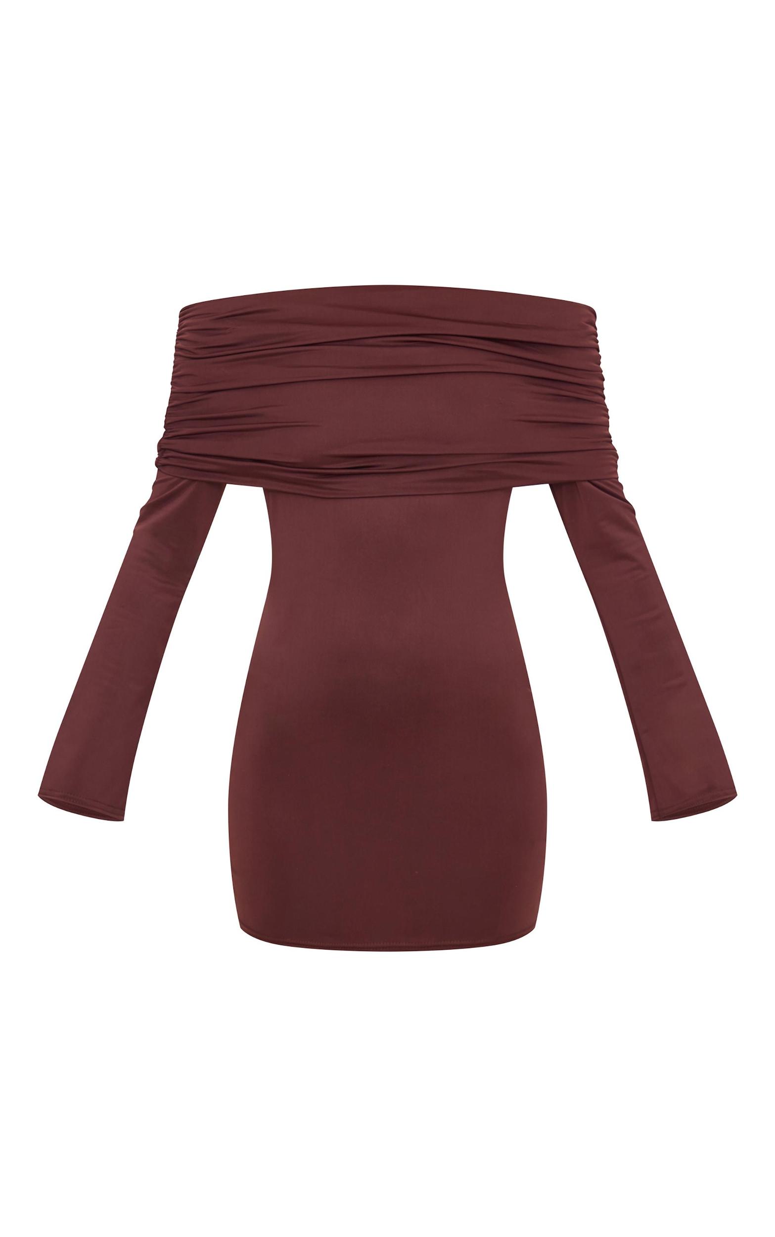 Chocolate Matte Sculpt Double Layer Foldover Bardot Long Sleeve Mini Dress Product Image