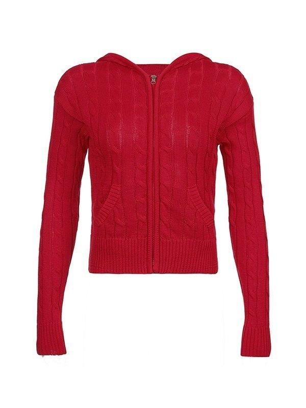 Cable Knit Zip Up Hooded Cardigan Product Image