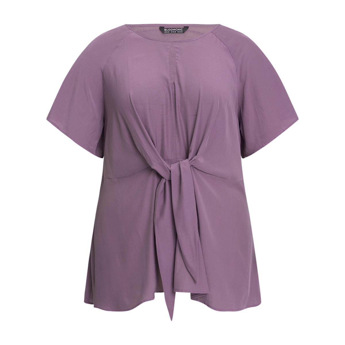 Plus Size Mauve Supersoft Essentials Plain Keyhole Twist Front Ruffle Blouse Women Elegant Short sleeve Round Neck Dailywear Blouses BloomChic 26/4X Product Image