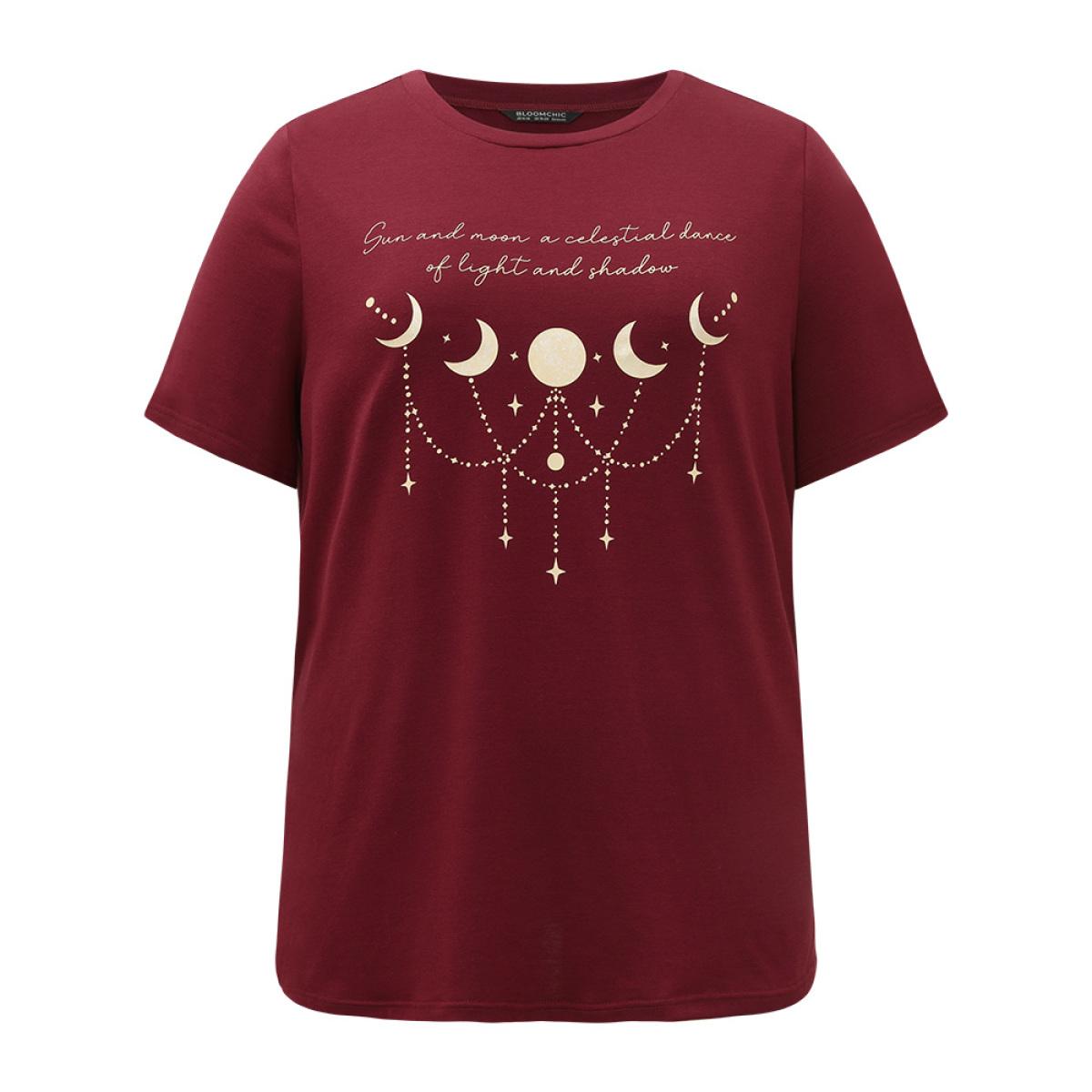 Plus Size Moon & Star Print Round Neck T-shirt Burgundy Women Casual Printed Star and moon Dailywear T-shirts BloomChic 12/L Product Image