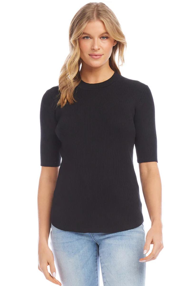 Short Sleeve Ribbed Sweater - Black Product Image