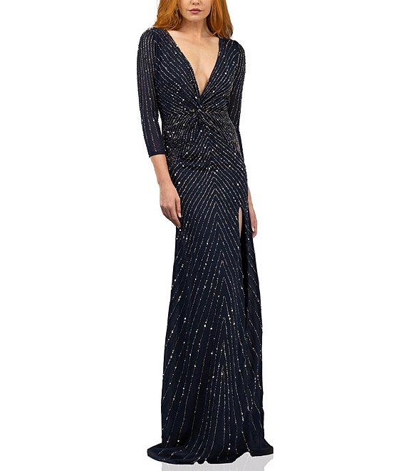 Terani Couture V Neck 3/4 Sleeve Sequin Chiffon Column Gown Product Image