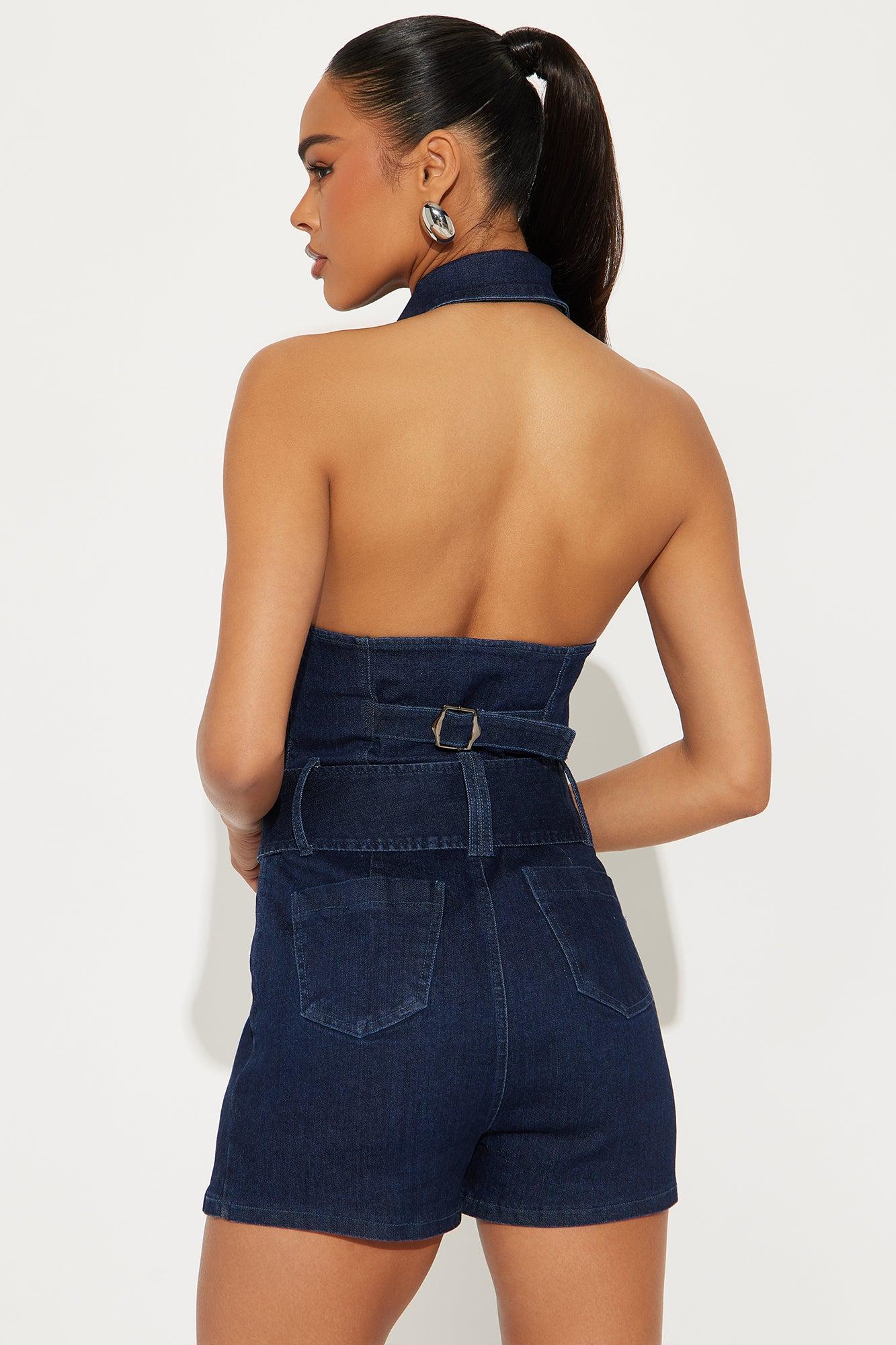 Kira Washed Denim Skort Romper - Dark Wash Product Image