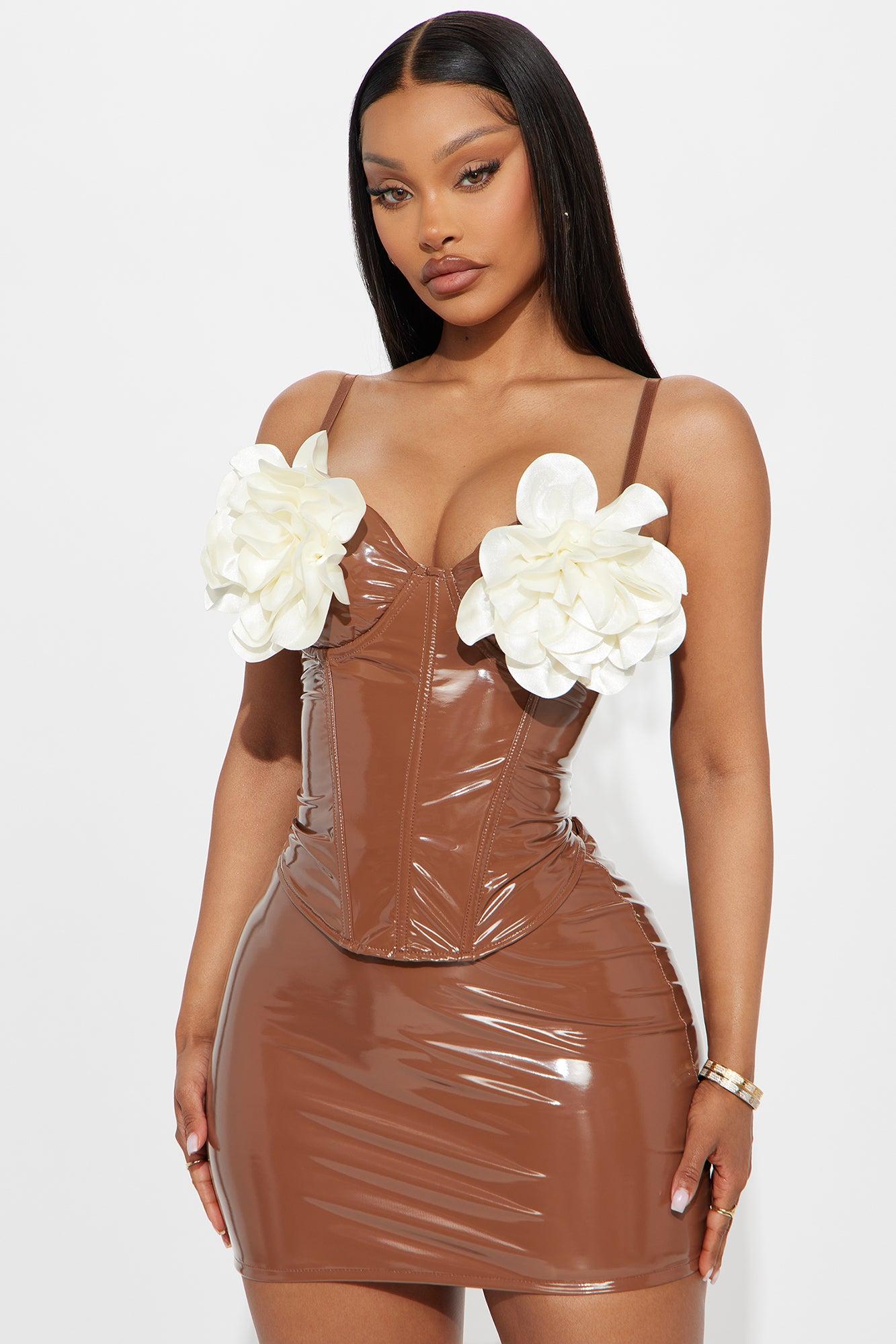 Blooming For You Vinyl Shine Corset Skirt Set - Beige/Brown Female Product Image