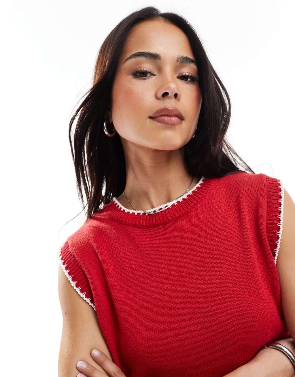 ASOS DESIGN knit tank top with contrast blanket stitch in red Product Image