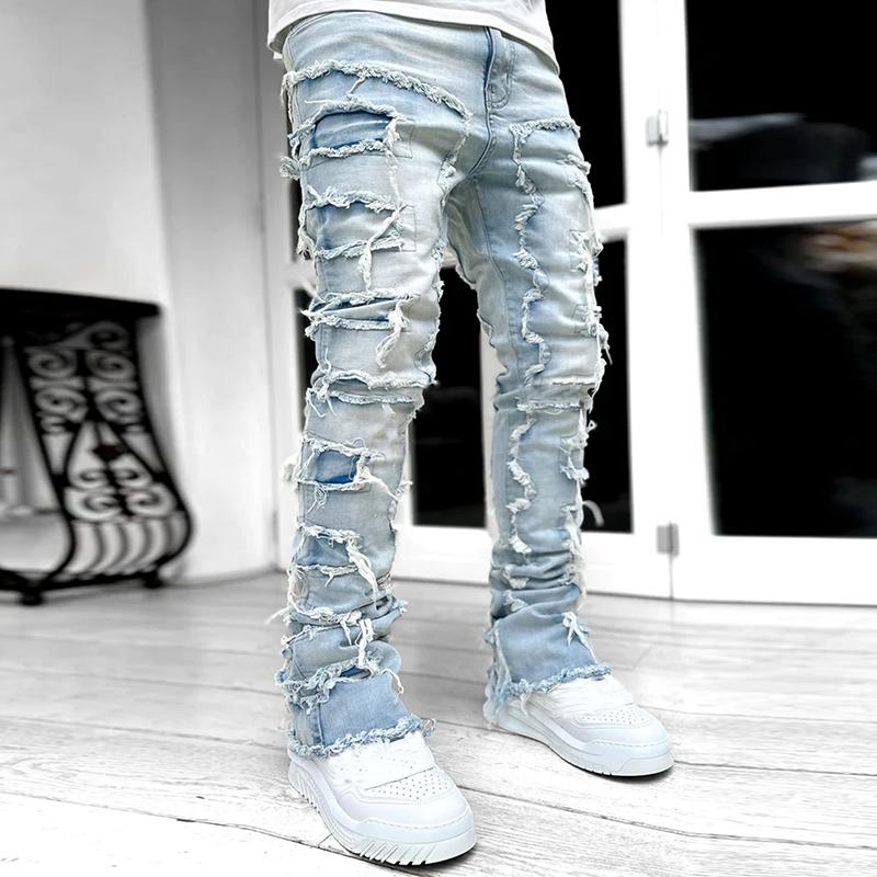 Men's Hiphop Fashion Elastic Patch Denim Straight Pants Product Image