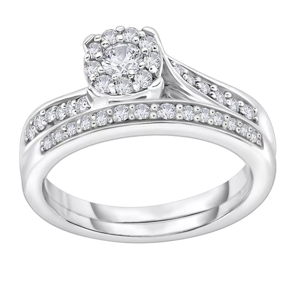 14k White Gold 3/8 Carat T.W. Diamond Cluster Bypass Engagement Ring Set, Women's, Size: 7 Product Image