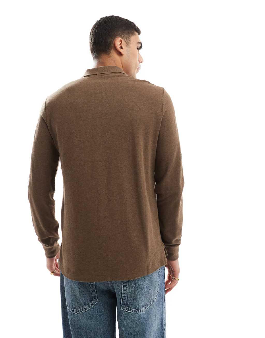 Polo Ralph Lauren icon logo long sleeve pique polo in brown heather Product Image