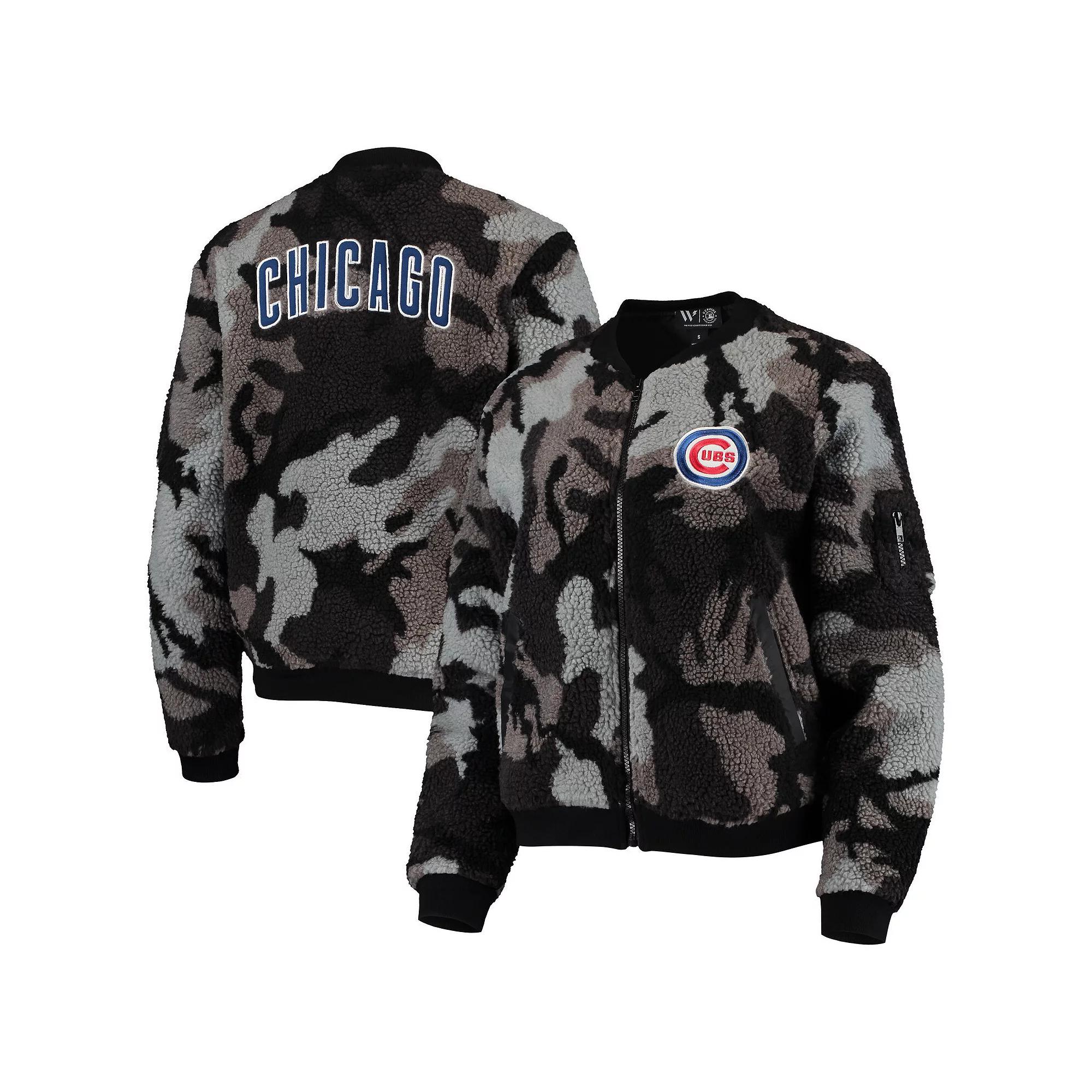 Women's The Wild Collective Black Chicago Cubs Camo Sherpa Full-Zip Bomber Jacket, Size: Medium Product Image