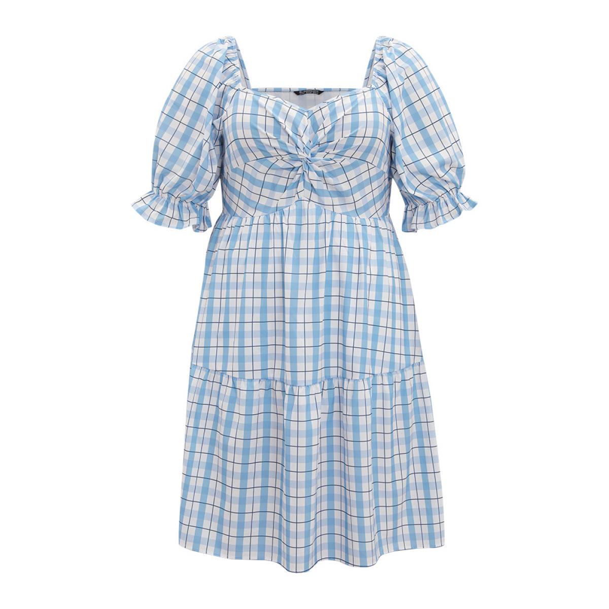 Plus Size Twist Front Square Neck Ruffle Layered Hem Bell Sleeve Dress LightBlue Women Elegant Square Neck Short sleeve Curvy Knee Dress BloomChic 18-20/2X Product Image