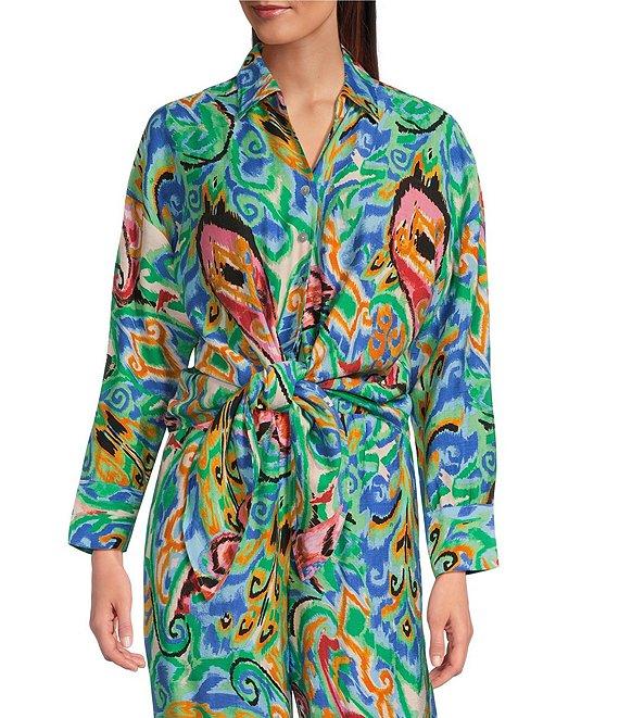 Calessa Coordinating Abstract Mosaic Print Point Collar Long Sleeve Tie-Front Blouse Product Image