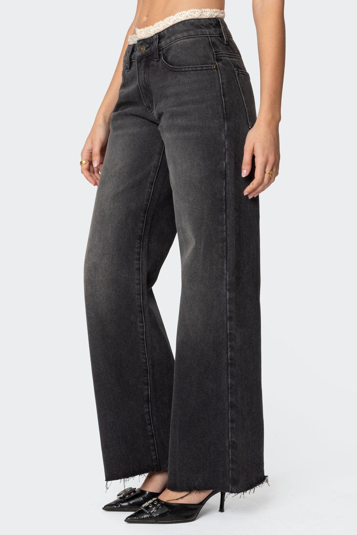 Karlie Peekaboo Lace Low Rise Baggy Jeans Product Image