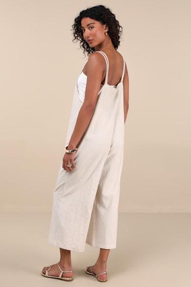 Claudie Light Beige Linen Sleeveless Cropped Jumpsuit Product Image