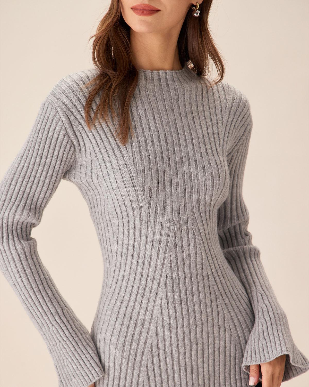 Grey Crew Neck Bell Sleeve Sweater Dress Product Image