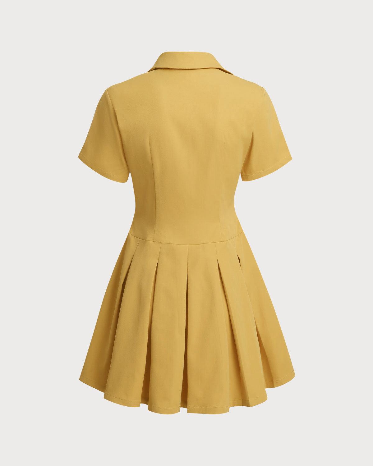 Yellow Button Pleated Mini Dress Product Image