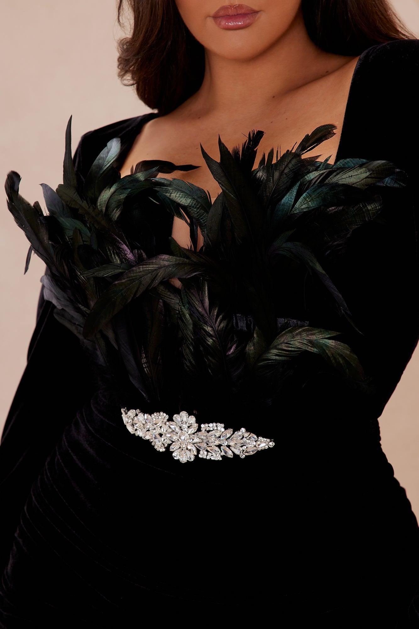 Ashley Feather Velvet Mini Dress - Black Product Image