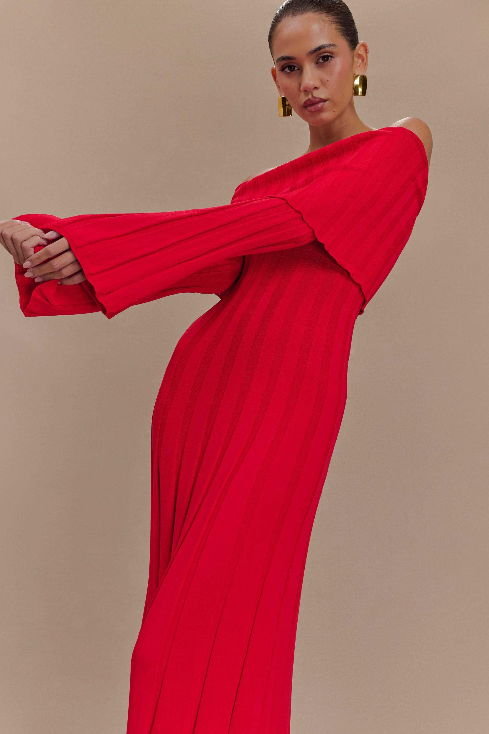 Alonza Long Sleeve Knit Midi Dress - Red Product Image