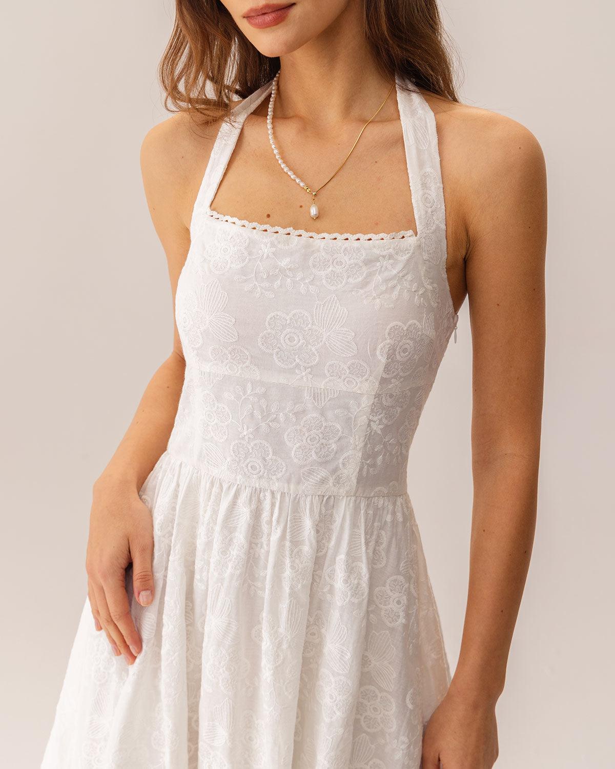 White Embroidery Halter Midi Dress Product Image