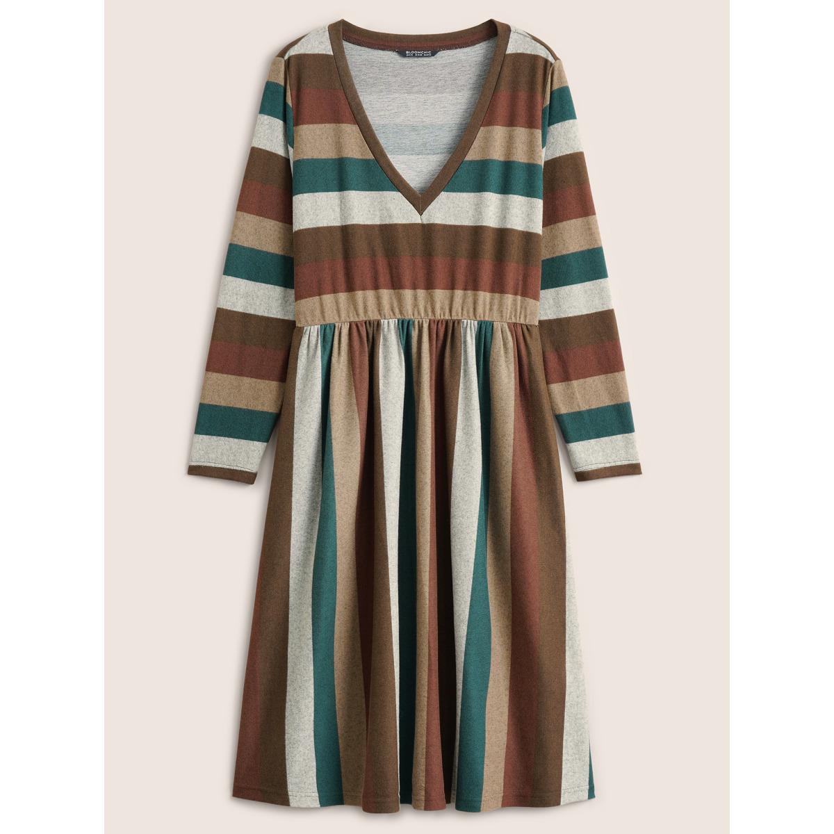 Plus Size Contrast Striped Pocket V Neck Dress Multicolor Women Casual Non V-neck Long Sleeve Curvy Knee Dress BloomChic 14-16/1X Product Image