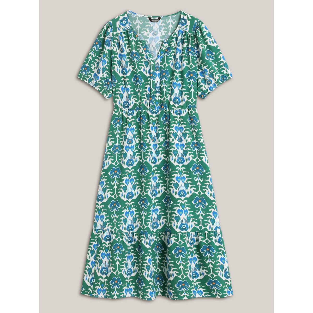 Plus Size Boho Pattern Stretchy Waist Pockets Midi Dress Teal Women Boho Flat collar with V-notch Short sleeve Curvy BloomChic 10/M Product Image