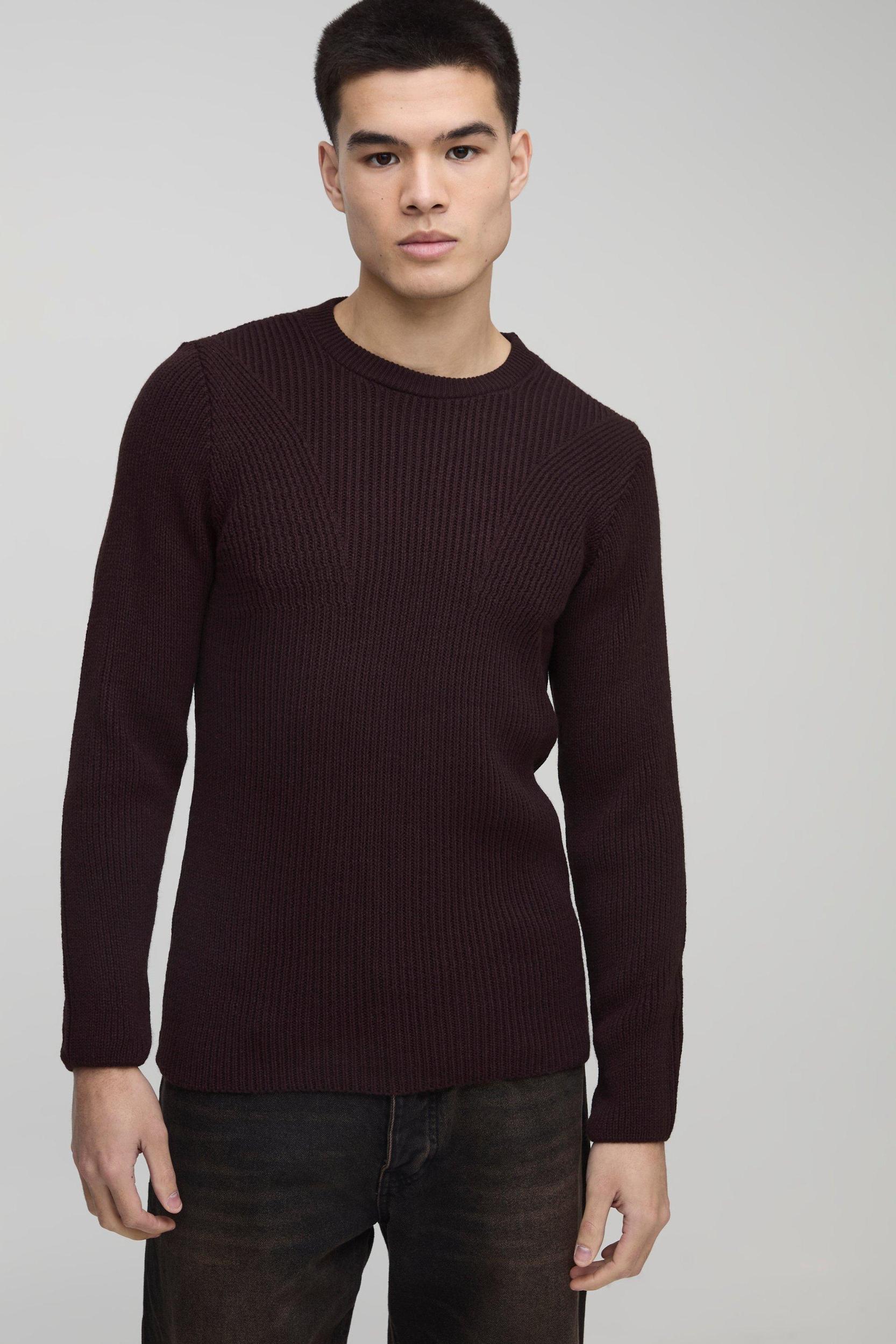 Regular Fit Crew Neck Ribbed Panelled Knitted Sweater | boohooMAN USA Product Image