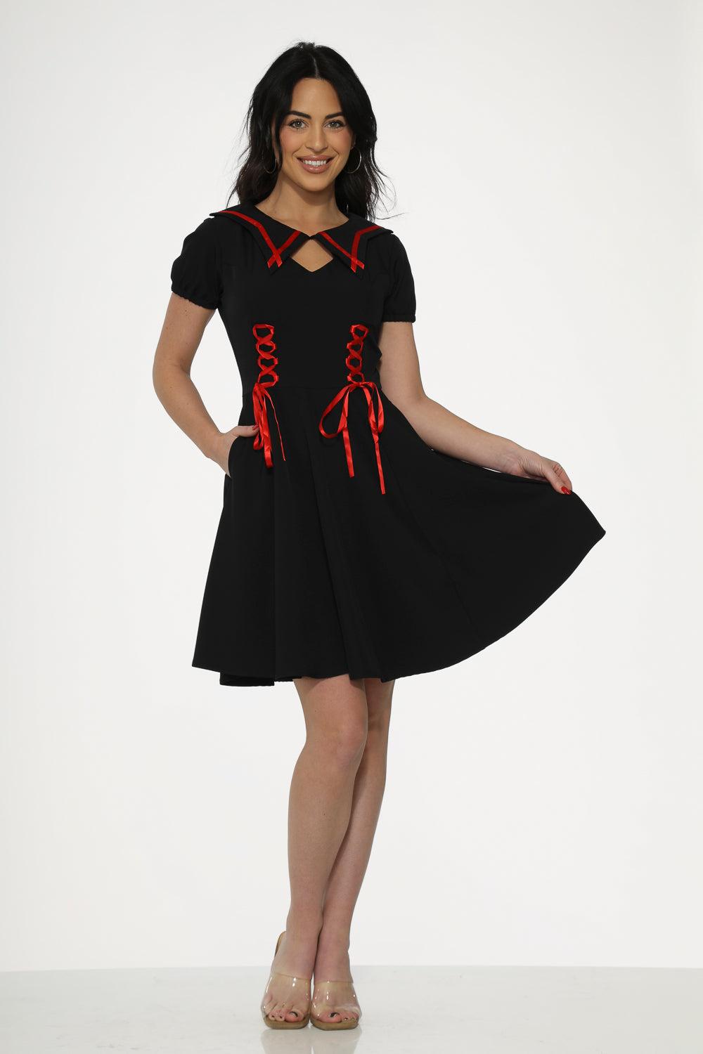 Black & Red Trim Gothic Swing Dress Product Image