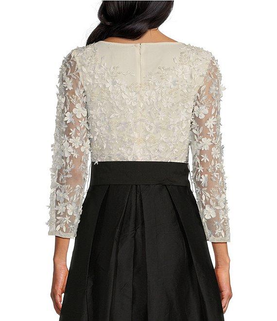 Pisarro Nights Petite Size 3D Floral Beaded Crew Neck 3/4 Sleeve Taffeta Skirt with Tie Sash Ball Gown Product Image