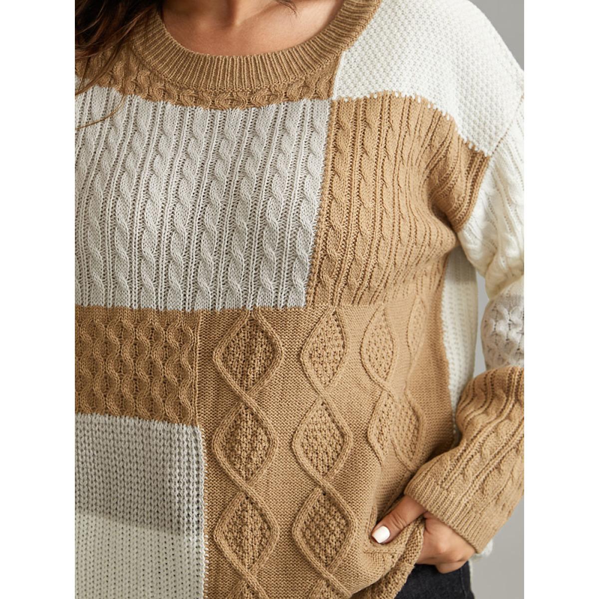 Plus Size Cable Knit Colorblock Patchwork Pullover Multicolor Women Casual Loose Long Sleeve Round Neck Dailywear Pullovers BloomChic 12/L Product Image