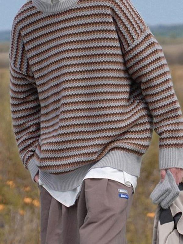 Men's Vintage Striped Crew Neck Knit Sweater Product Image