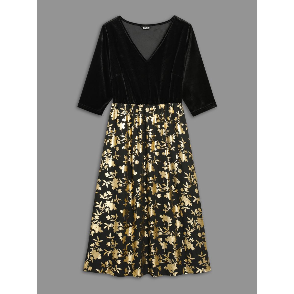 Plus Size Glitter Floral Patchwork Velvet Midi Dress Black Women Cocktail Texture Party Curvy Bloomchic 14-16/1X Product Image
